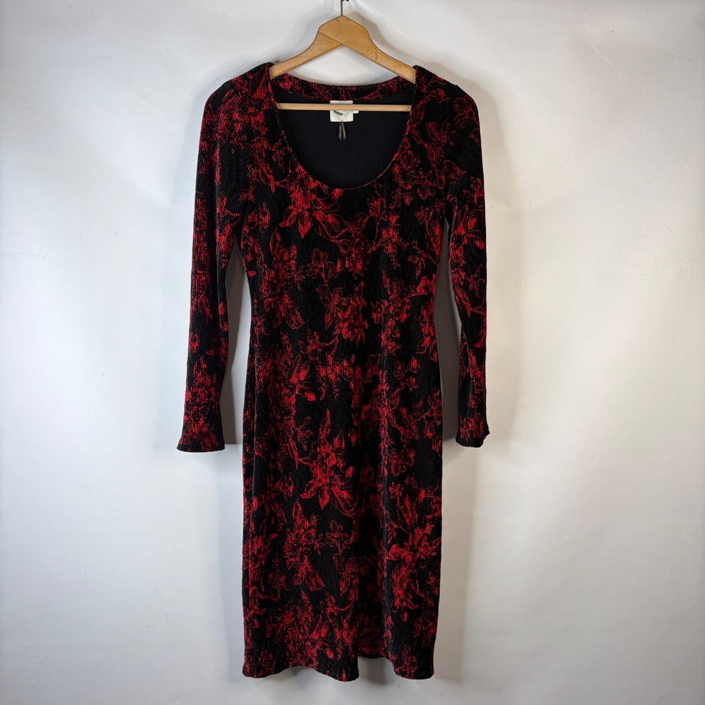 HD in Paris Dress Women Small Red Black Floral Plisse Long Sleeve Midi Bodycon